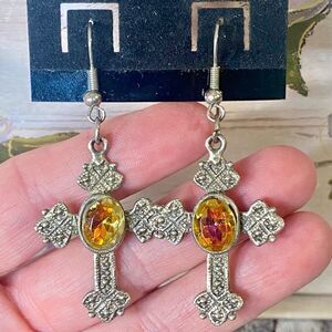 Fairy Goth Celtic Cross Earrings Dangle Style Embossed Surface Center Stone